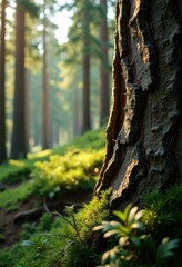 Obraz premium close view textured bark dense pine forest rich green foliage natural light, trees, nature, wood, detail, organic, pattern, leaf, branch, cone, wildlife