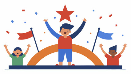 Diverse Group Celebrating Success and Achievement with Confetti and Flags Vector Illustration for Celebration or Competition Flat Design