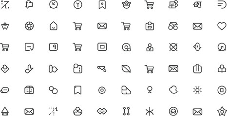A collection of simple black line icons arranged in a grid pattern on a light gray background display