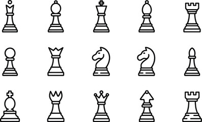 A set of simple line art chess pieces arranged in rows on a white background for game design use