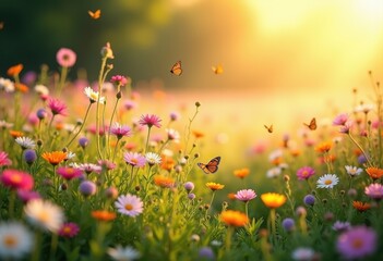 vibrant wildflowers sunshine green fields nature blooming meadow floral display, plant, petal, spring, blossom, leaf, colorful, landscape, scenery