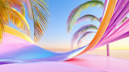 3D surreal tropical landscape with vibrant pink and yellow waves, palm trees, and colorful sunset futuristic island beach travel glossy silk glass rainbow fashion illustration