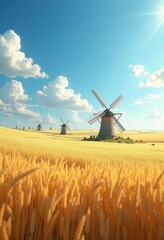 vibrant windmill golden wheat fields countryside landscape blue sky nature agriculture serenity, grain, harvest, outdoors, rural, crops, plantation, vista