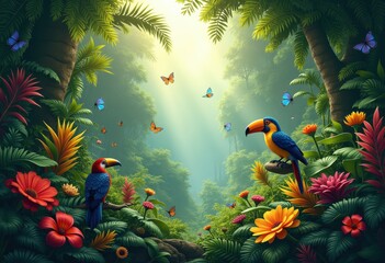 vibrant wildlife lush jungle foliage nature rich colors flora fauna ecosystem exotic biodiversity, animals, tropical, leaves, trees, canopy, habitat