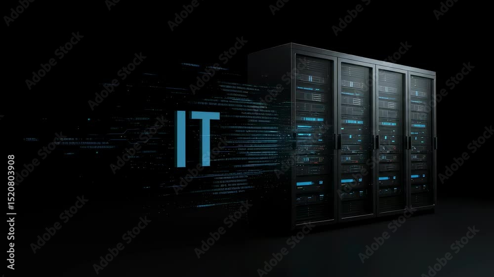 Poster it text with digital code and data flowing from server racks in a dark room. information technology 