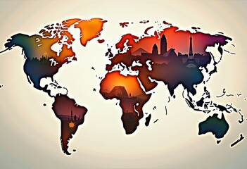 vibrant world map iconic landmarks colorful global geography design artistic representation, continent, culture, heritage, travel, landscape, exploration