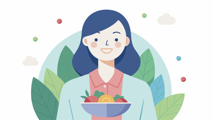 Illustration of a Woman Holding a Bowl of Fruit Surrounded by Leaves in a Minimalist Style Design