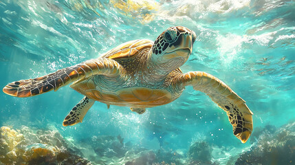 Obraz premium Sea turtle swimming in vibrant turquoise water.