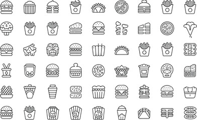A collection of minimalist line art icons representing various fast food items on a light background