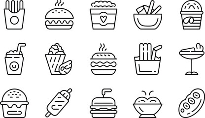 A collection of fifteen different fast food icons in a black and white line art style arrangement