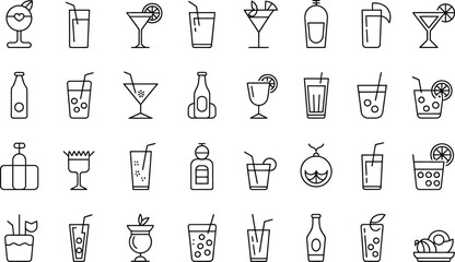 A collection of various outline style drink icons including cocktails, juices, and other beverage containers