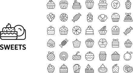 A collection of outlined sweets icons including cupcakes candies and cakes arranged on a light background