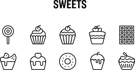 A collection of sweets icons including cupcakes, a donut, chocolate, and a lollipop on a light gray background
