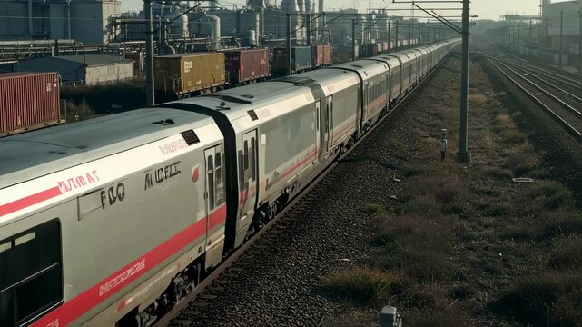 Modern train moving on railway tracks passing industrial area. Freight cars on parallel tracks. Transportation and logistics footage.