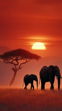 Mother and baby elephant walking at sunset in the african savannah