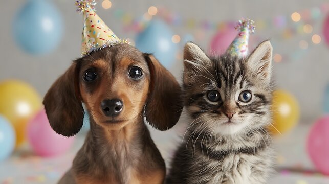 Adorable Dachshund Puppy and Kitten Celebrate Birthday Together Festive Party Animals