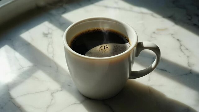 Steaming Cup of Coffee on Sunlit Marble Table for Morning Refreshment