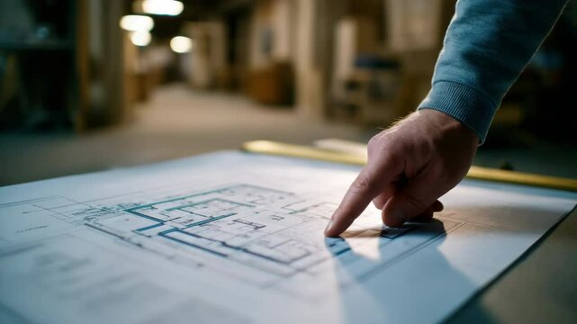 Hand blueprint architecture construction planning design engineer project building workspace as hand points to detailed architectural blueprint table, highlighting building floor plan well lit