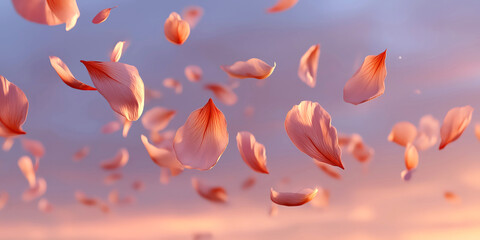 Peach petals floating in soft pastel sky at sunset
