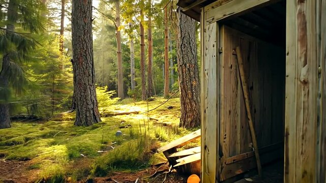 Rustic wooden outhouse in a serene forest setting surrounded by tall trees and sunlight