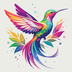 Fototapeta premium Colorful Hummingbird in Flight with Floral Accents Digital Art Illustration
