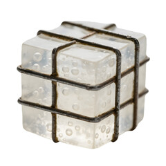 ancient gelatin cube, half-transparent with trapped air bubbles and metal 