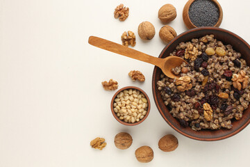 Traditional Christmas kutia. Kutya Ukrainian. Boiled wheat porridge. Slavic holiday ritual dish. Orthodox christmas