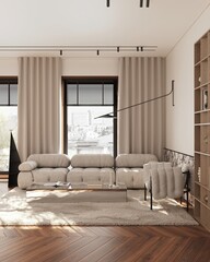 Beige sofa at the living room with kitchen and dining room. Luxurious apartment background with contemporary design. Modern interior design. 3D render, 3D illustration.