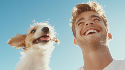 Young man playing with a puppy