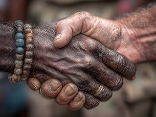 Diverse hands connect in a symbolic handshake representing unity, agreement, and human connection closeup.