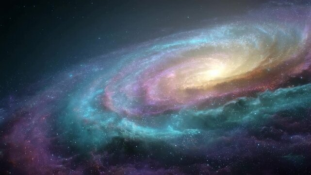 Cosmic swirl of teal, purple, and gold nebulae. Bright center with dark space background. Detailed stellar clouds and glittering stars.