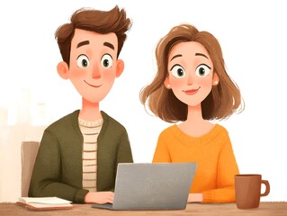 Young couple works on laptop together at home enjoying teamwork and collaboration with coffee break nearby.