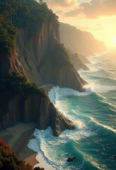 visual representation coastal erosion climate change impact shoreline landscape marine ecosystem, ocean, waves, beach, sand, tide, water, cliff, flora, fauna