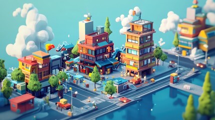 Colorful low-poly city scene with cartoonish buildings.