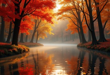 vivid autumn foliage reflection tranquil pond scenic nature autumn colors leaves water surface harmony, landscape, trees, cool, quiet, silhouette, tranquility