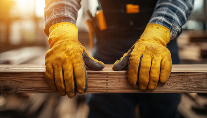 Focused hands of a worker in yellow gloves measuring wood at a construction site, highlighting craftsmanship and dedication to building projects.