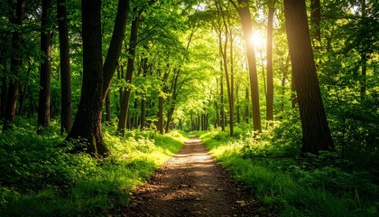 Obraz premium Sunlit Forest Path: A Serene Walk Through Nature's Embrace