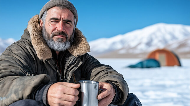 Man in winter coat holding metal mug outdoors with snowy mountains - cold weather camping - Powered by Adobe
