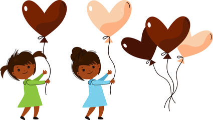  cute african american little girl holding heart shaped balloons. World Chocolate Day celebration. Sweet dessert and happy holiday concept. png vector cartoon illustration on transparent background