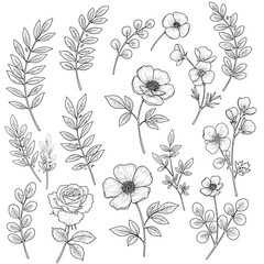Seamless Monochrome Floral Pattern. Hand Drawn Floral Texture, Decorative Flowers, Coloring Book.