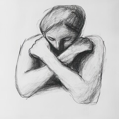 Obraz premium A charcoal sketch depicts a person embracing themselves in solitude.
