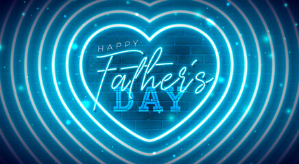Happy Father's Day Banner Design with Glowing Neon Light and Typography Lettering on Blue Vintage Brick Wall Background. Vector Celebration Greeting Card Illustration for Loved and Best Dad. Template