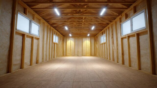 Empty wooden room with exposed beams, plywood floor, insulated walls, and ceiling lights, creating spacious, clean, and modern construction space ready for renovation or storage use