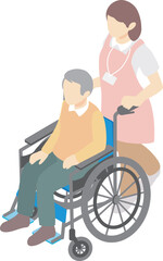 Obraz premium アイソメトリック 俯瞰 人物 男性 女性 車椅子 介護 福祉 介護士 福祉 メディカル イラスト