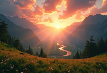 vivid sunrise over untouched valley nature landscape beautiful colors sky horizon, scenery, morning, light, mist, fog, rock, river, stream, foliage, meadow