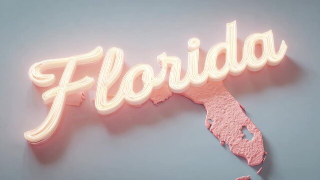 3D rendering of Florida state name and map. Warm peach and soft beige color scheme. Illuminated text effect with subtle glow. Neutral light gray background. Clean, modern aesthetic.