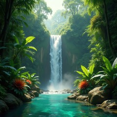 vivid tropical foliage cascading waterfalls lush greenery exotic plants nature paradise, jungle, vegetation, landscape, stream, rock, canopy, oasis, pool, splash