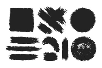 Brushstroke ink collection of abstract black shapes on a white background, including circles, squares, lines, and expressive curves. Textured hand-drawn brush painting art elements set.