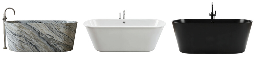 A curated collection of three stylish and modern bathtubs for luxury bathrooms (white, black, marble)