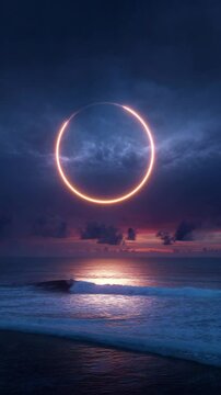Glowing Orange Circle Above Ocean Waves at Sunset
